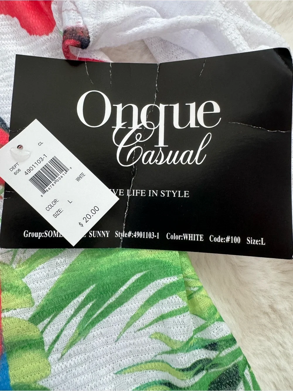 Onque Casuals White Top with Black Trim and Green Print - Picture 8 of 8